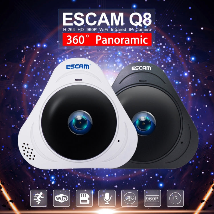 ESCAM Q8 960P Lente ojo de pez de 360 grados Cámara IP WiFi de 1.3MP, compatible con detección de movimiento / visión nocturna, distancia IR: 5-10 m, enchufe AU, Q8 US Plug, Q8  AU Plug, Q8 EU Plug, Q8 UK Plug