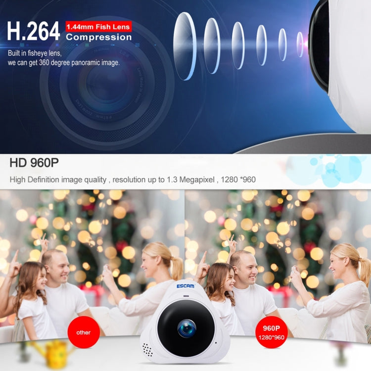ESCAM Q8 960P Lente ojo de pez de 360 grados Cámara IP WiFi de 1.3MP, compatible con detección de movimiento / visión nocturna, distancia IR: 5-10 m, enchufe AU, Q8 US Plug, Q8  AU Plug, Q8 EU Plug, Q8 UK Plug
