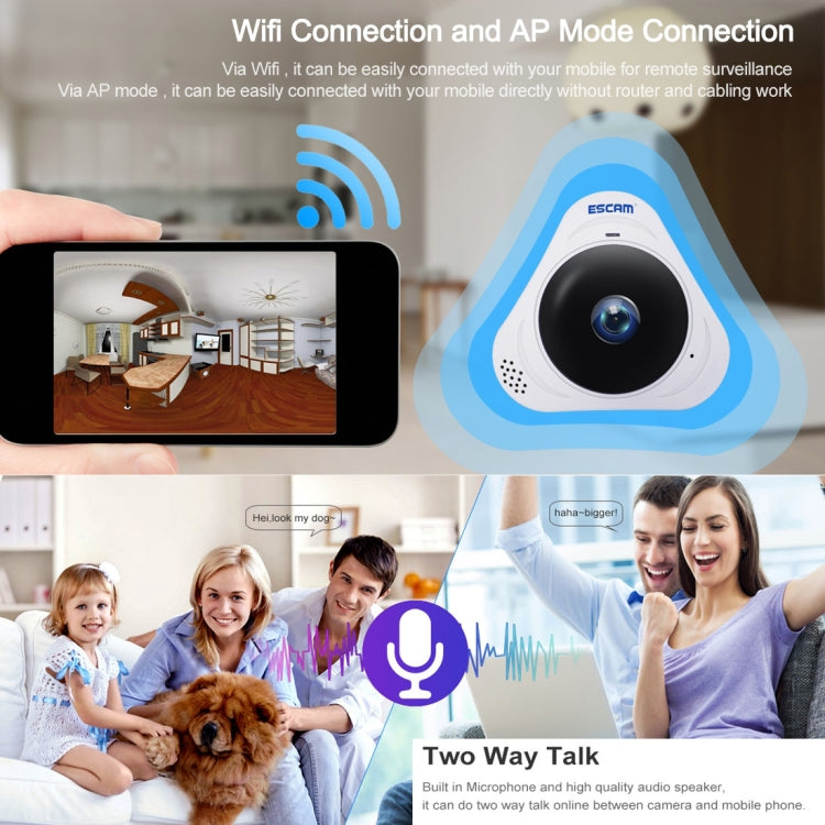 ESCAM Q8 960P Lente ojo de pez de 360 grados Cámara IP WiFi de 1.3MP, compatible con detección de movimiento / visión nocturna, distancia IR: 5-10 m, enchufe AU, Q8 US Plug, Q8  AU Plug, Q8 EU Plug, Q8 UK Plug
