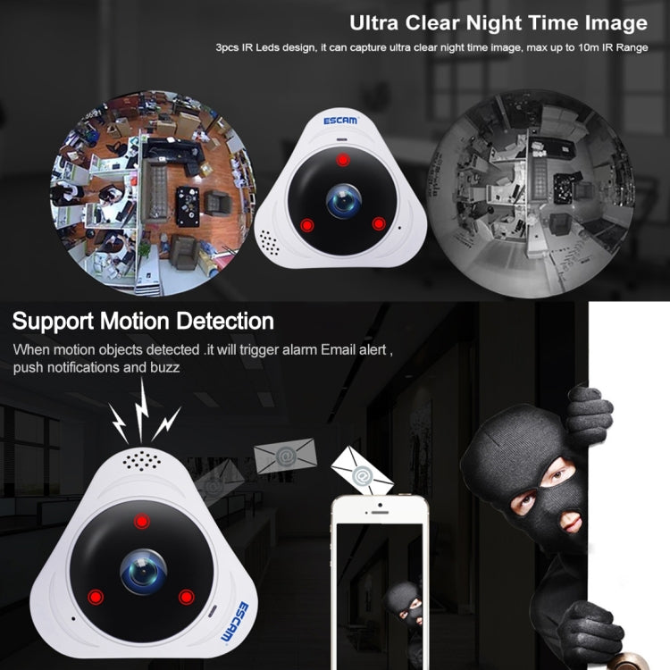 ESCAM Q8 960P Lente ojo de pez de 360 grados Cámara IP WiFi de 1.3MP, compatible con detección de movimiento / visión nocturna, distancia IR: 5-10 m, enchufe AU, Q8 US Plug, Q8  AU Plug, Q8 EU Plug, Q8 UK Plug