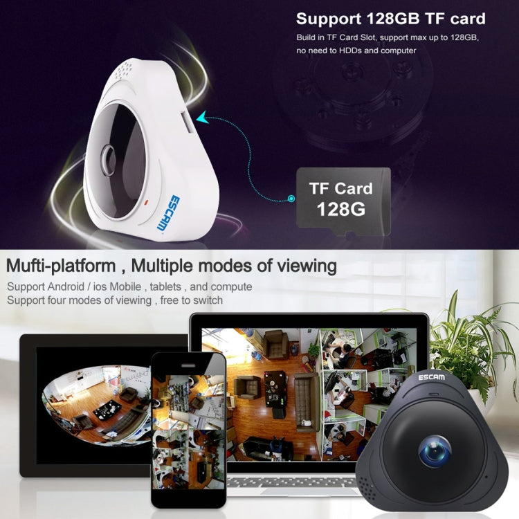 ESCAM Q8 960P Lente ojo de pez de 360 grados Cámara IP WiFi de 1.3MP, compatible con detección de movimiento / visión nocturna, distancia IR: 5-10 m, enchufe AU, Q8 US Plug, Q8  AU Plug, Q8 EU Plug, Q8 UK Plug