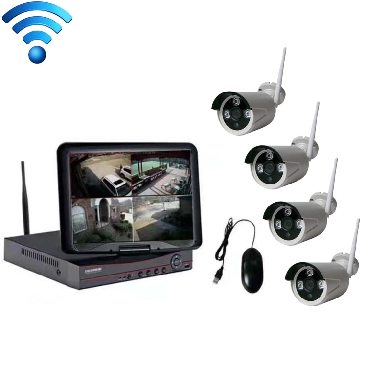 K9104E-PE2013C 4CH HD 960P 1,3 megapíxeles 2,4 GHz WiFi cámara tipo bala IP kit NVR con pantalla LCD de 10,1 pulgadas, K9104E-PE2013C
