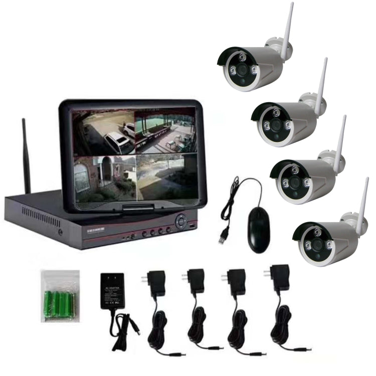 K9104E-PE2013C 4CH HD 960P 1,3 megapíxeles 2,4 GHz WiFi cámara tipo bala IP kit NVR con pantalla LCD de 10,1 pulgadas, K9104E-PE2013C