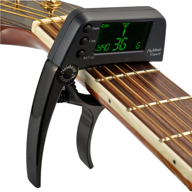 Clip afinador de guitarra profesional, afinador cromático con clip estilo Loft con pantalla LCD giratoria, pantalla de luz, cejilla de guitarra con una sola mano