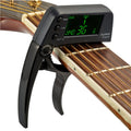 Clip afinador de guitarra profesional, afinador cromático con clip estilo Loft con pantalla LCD giratoria, pantalla de luz, cejilla de guitarra con una sola mano
