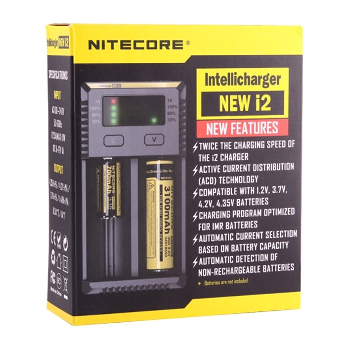 Nitecore NUEVO i2 Cargador inteligente Digi inteligente con indicador LED para baterías 14500, 16340 (RCR123), 18650, 22650, 26650, Ni-MH y Ni-Cd (AA, AAA), NEW i2