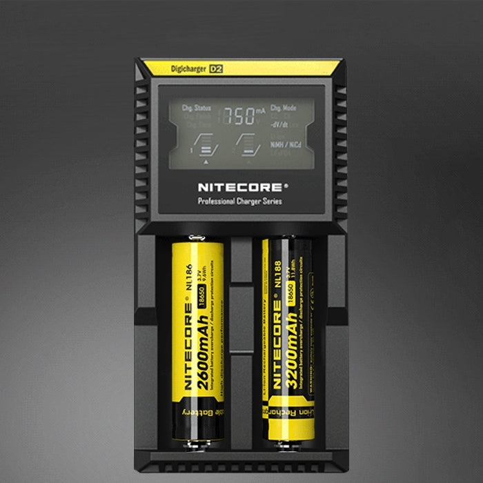 Nitecore D2 Cargador inteligente Digi Smart con indicador LED para baterías 14500, 16340 (RCR123), 18650, 22650, 26650, Ni-MH y Ni-Cd (AA, AAA), D2