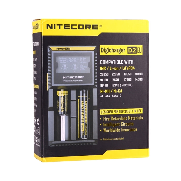 Nitecore D2 Cargador inteligente Digi Smart con indicador LED para baterías 14500, 16340 (RCR123), 18650, 22650, 26650, Ni-MH y Ni-Cd (AA, AAA), D2