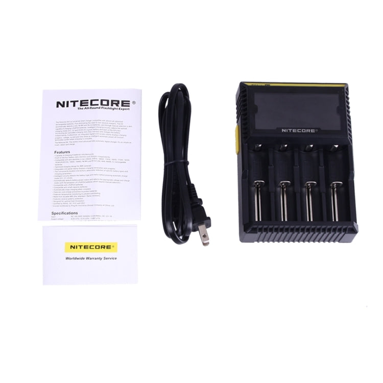 Nitecore D4 Cargador inteligente Digi Smart con pantalla LCD para baterías 14500, 16340 (RCR123), 18650, 22650, 26650, Ni-MH y Ni-Cd (AA, AAA), D4