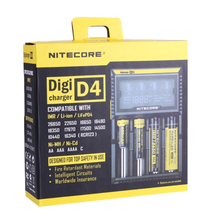 Nitecore D4 Cargador inteligente Digi Smart con pantalla LCD para baterías 14500, 16340 (RCR123), 18650, 22650, 26650, Ni-MH y Ni-Cd (AA, AAA), D4