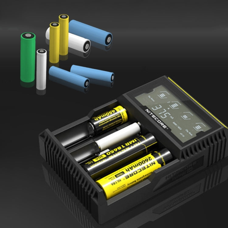 Nitecore D4 Cargador inteligente Digi Smart con pantalla LCD para baterías 14500, 16340 (RCR123), 18650, 22650, 26650, Ni-MH y Ni-Cd (AA, AAA), D4