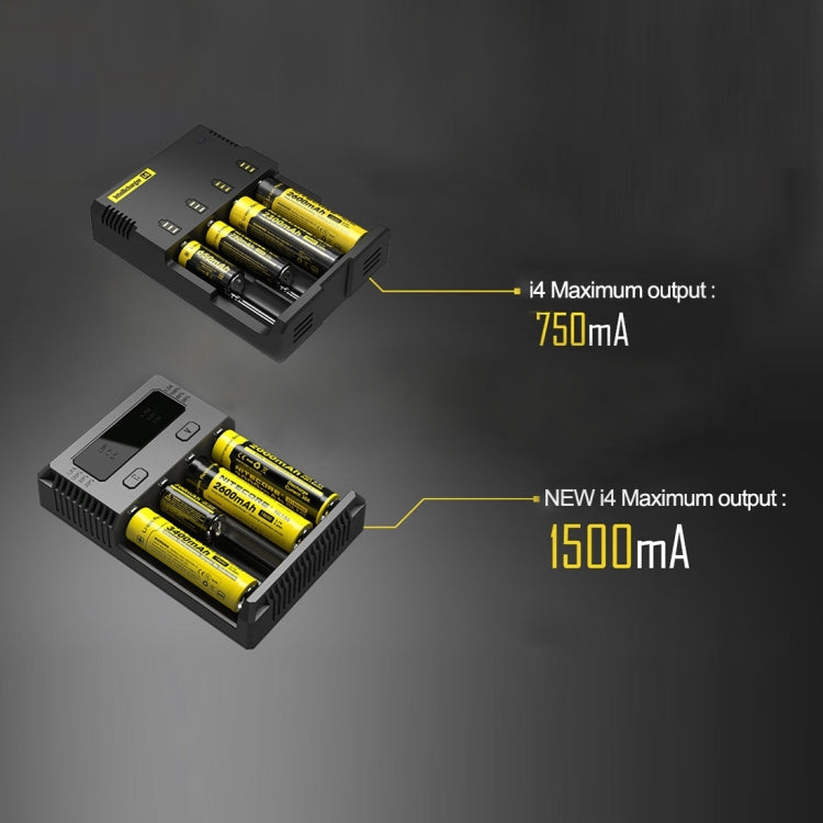 Nitecore NUEVO cargador inteligente Digi Smart i4 con indicador LED para baterías 14500, 16340 (RCR123), 18650, 22650, 26650, Ni-MH y Ni-Cd (AA, AAA), NEW i4