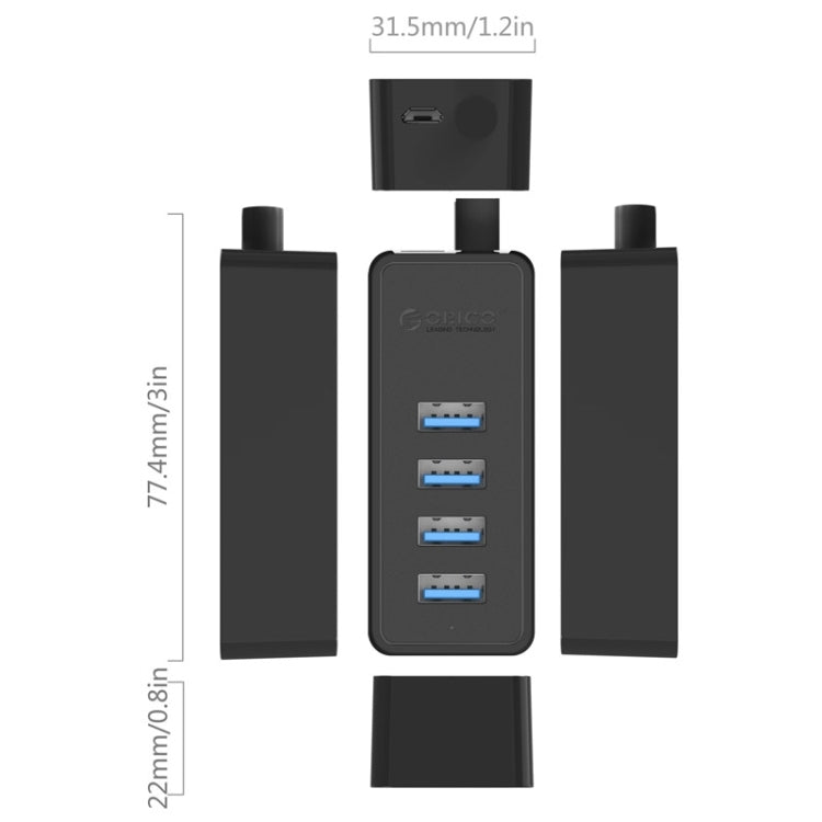 ORICO W5P-U3-100 HUB de escritorio USB 3.0 de 4 puertos con fuente de alimentación de cable micro USB de 100 cm, W5P-U3-100 Black, W5P-U3-100 White
