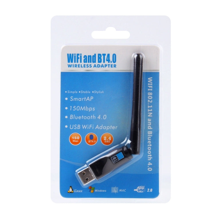 Adaptador inalámbrico 2 en 1 Bluetooth 4.0 + 150Mbps 2.4GHz USB WiFi con antena externa 2D1