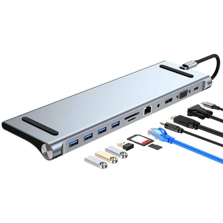 AD-059 11 en 1 USB-C / Type-C a 4K HDMI + VGA + Ranura para tarjeta SD / TF + Gigabit Ethernet + AUX de 3,5 mm + USB-C / Type-C + 4 HUB de estación de acoplamiento multifuncional USB 3.0, 11 in 1