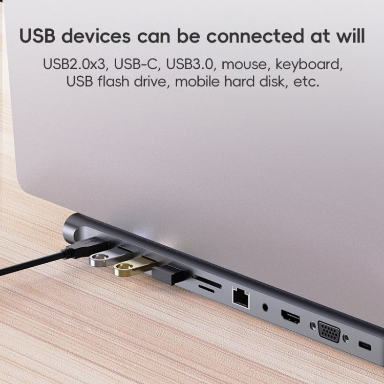 AD-059 11 en 1 USB-C / Type-C a 4K HDMI + VGA + Ranura para tarjeta SD / TF + Gigabit Ethernet + AUX de 3,5 mm + USB-C / Type-C + 4 HUB de estación de acoplamiento multifuncional USB 3.0, 11 in 1