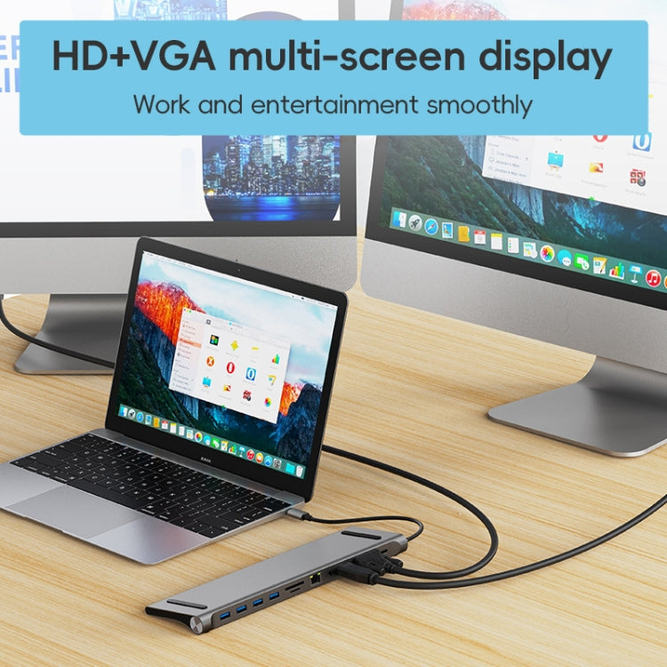 AD-059 11 en 1 USB-C / Type-C a 4K HDMI + VGA + Ranura para tarjeta SD / TF + Gigabit Ethernet + AUX de 3,5 mm + USB-C / Type-C + 4 HUB de estación de acoplamiento multifuncional USB 3.0, 11 in 1