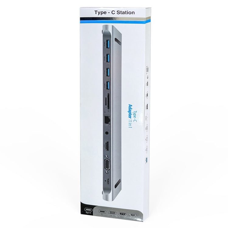 AD-059 11 en 1 USB-C / Type-C a 4K HDMI + VGA + Ranura para tarjeta SD / TF + Gigabit Ethernet + AUX de 3,5 mm + USB-C / Type-C + 4 HUB de estación de acoplamiento multifuncional USB 3.0, 11 in 1