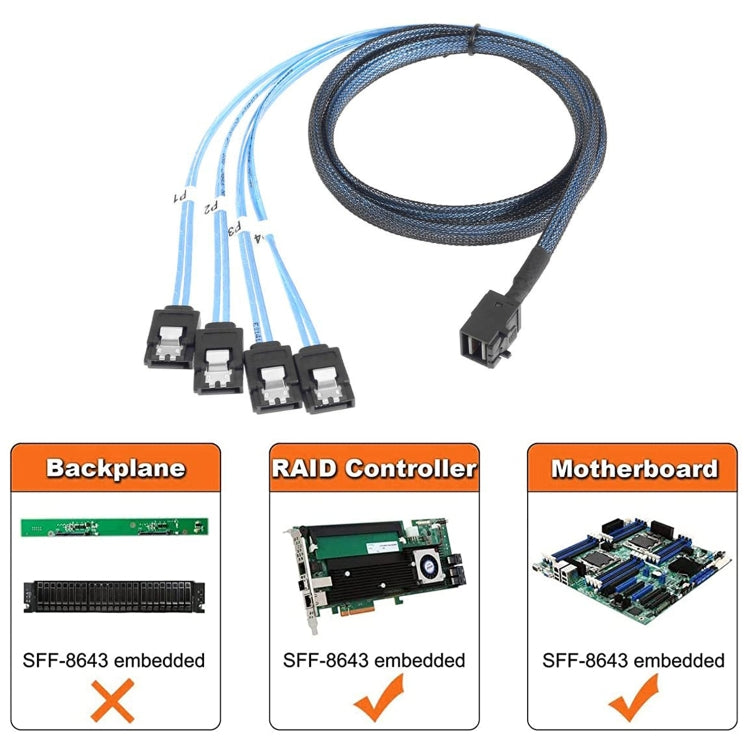 Mini SAS SFF-8643 Host a disco duro de destino SATA de 7 pines y 4 cables Raid de servidor de datos de 6 Gbps, longitud: 1 m, SFF-8643 (Length: 1m)