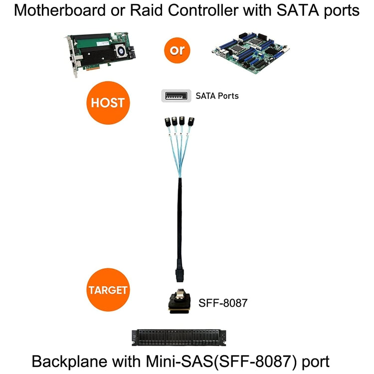 Cable de datos Mini SAS (SFF-8087) a 4 x SATA de 7 pines hembra con conexión directa de 6 Gbps, longitud: 50 cm, SFF-8087 (Length: 50cm)