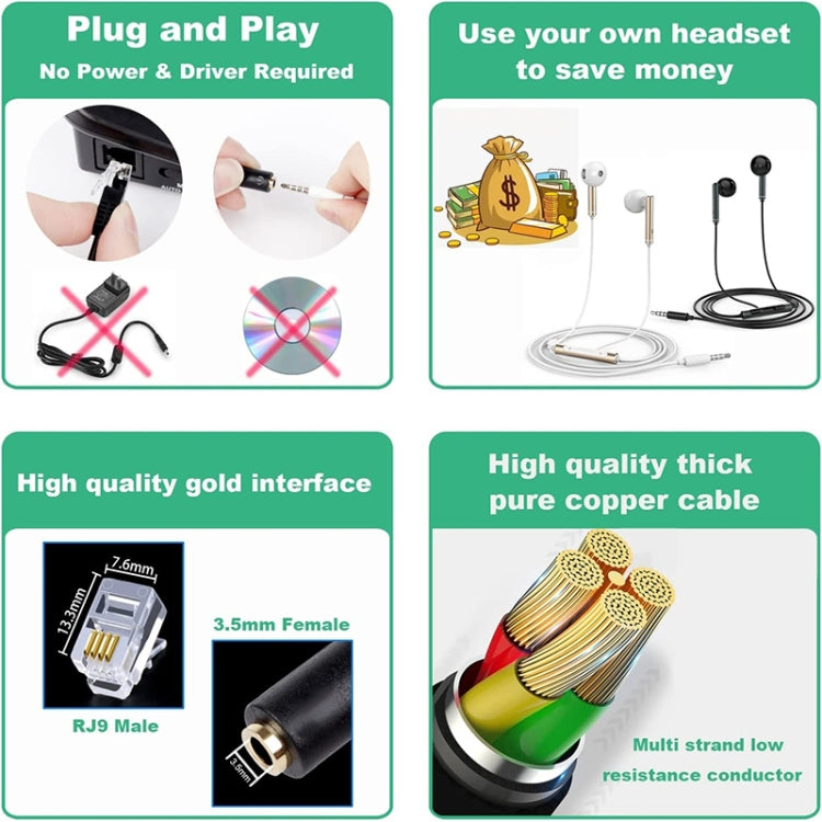 Conector de 3,5 mm a RJ9 PC / Teléfonos móviles Cable convertidor de adaptador de auriculares a teléfono de oficina, Longitud: 32 cm