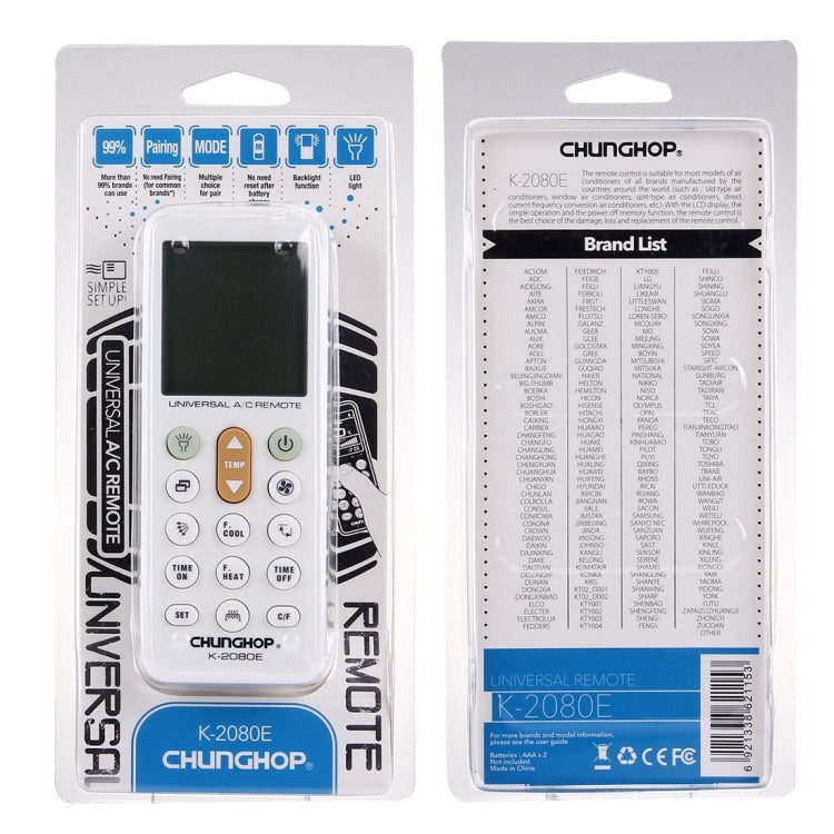 Mando a distancia universal LCD para aire acondicionado CHUNGHOP K-2080E, K-2080E