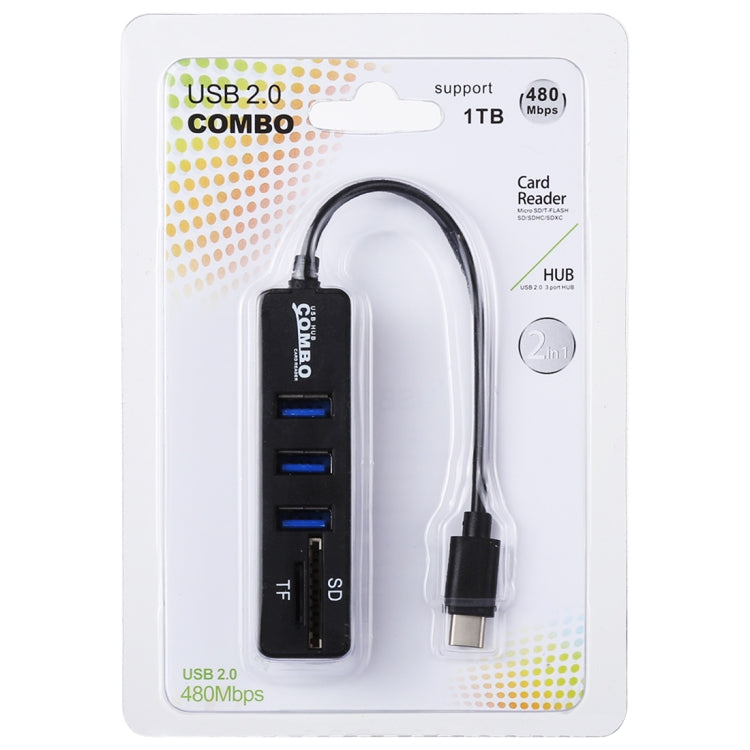 Lector de tarjetas TF y SD 2 en 1 + 3 puertos USB a convertidor HUB USB-C / Type-C, longitud total: 24 cm, Type-C (Black), Type-C (White)