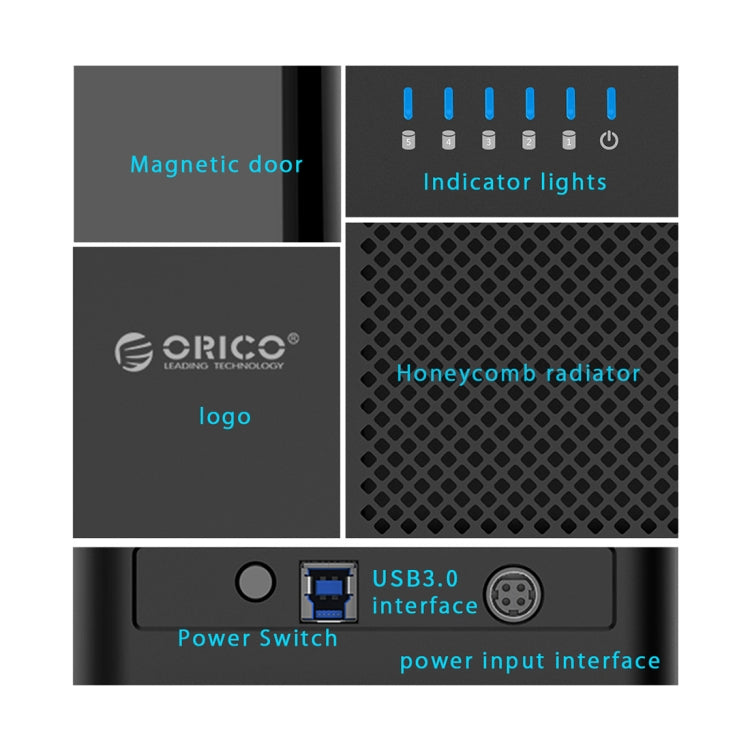 ORICO DS500U3 Caja de disco duro USB 3.0 de tipo magnético con 5 bahías de 3,5 pulgadas y indicador LED azul, USB 3.0
