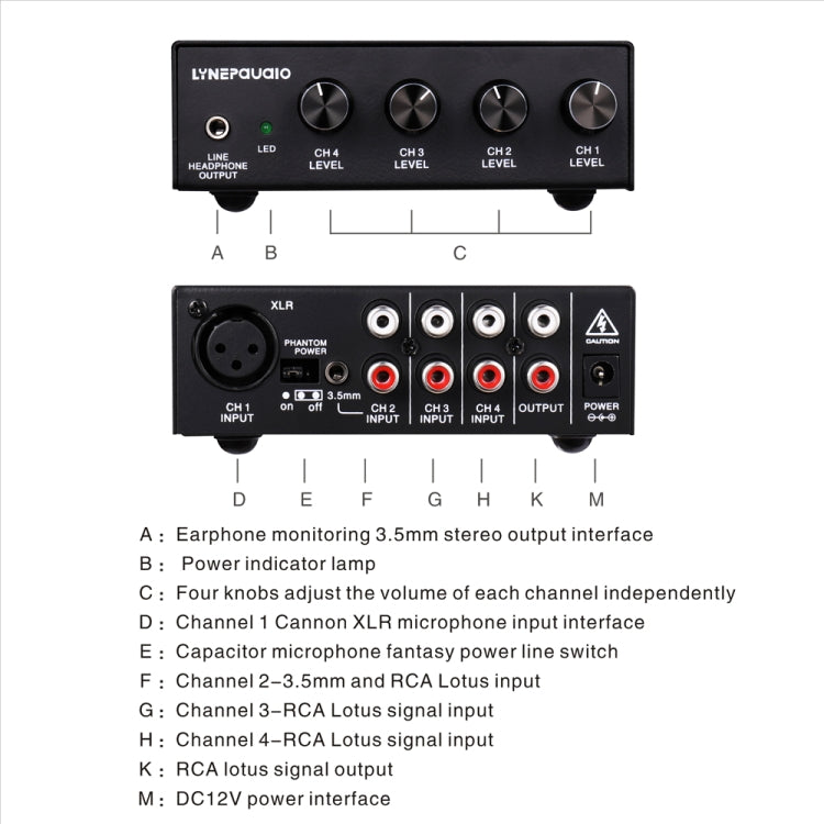 LINEPAUDIO B895 Mezclador de micrófono estéreo de cinco canales con monitoreo por auriculares