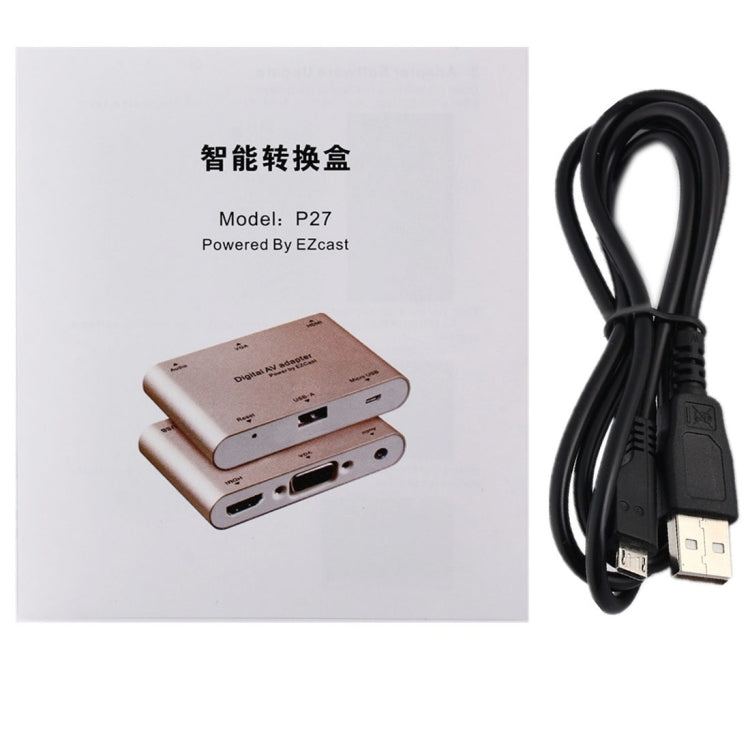 P27 Cubierta metálica Micro USB a HDMI + VGA HDTV Convertidor Adaptador AV digital, alimentación por EZCast, compatible con sistema iOS / Android / Windows