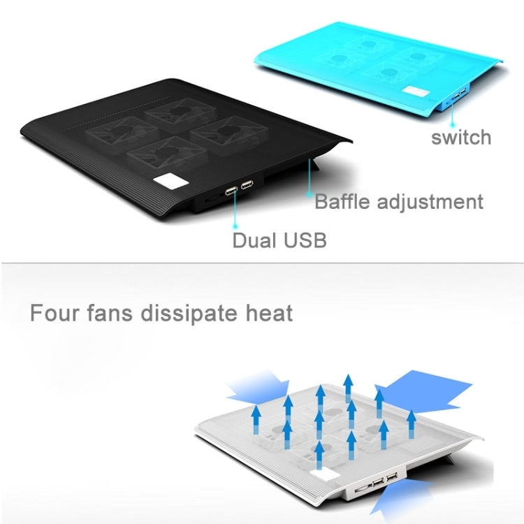 NUOXI L112A Cuatro ventiladores Velocidad ajustable Computadora portátil silenciosa Base de enfriamiento Almohadilla enfriadora USB con 2 puertos USB