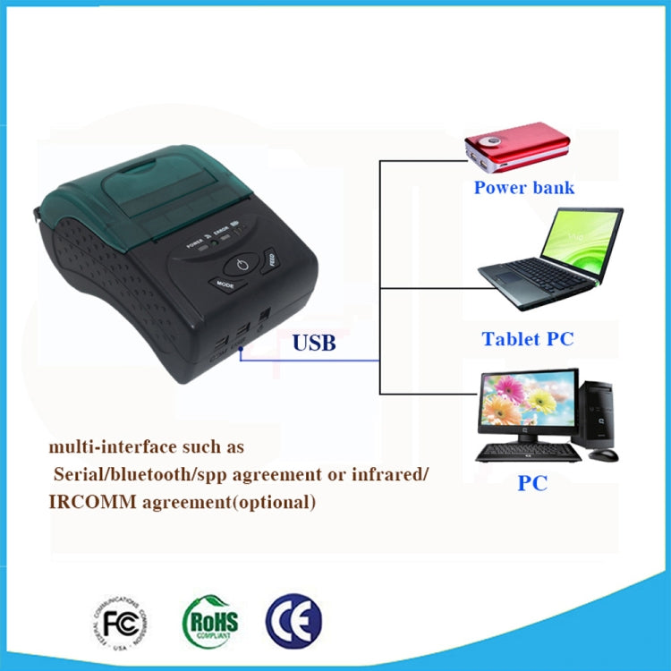 POS-5807 Impresora de tickets Bluetooth térmica portátil con puerto USB de 58 mm, tamaño máximo de papel térmico admitido: 57x50 mm
