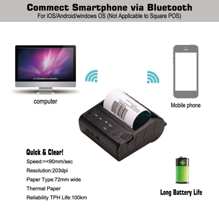 Impresora térmica portátil de tickets Bluetooth POS-8003, tamaño máximo de papel térmico admitido: 80x50 mm