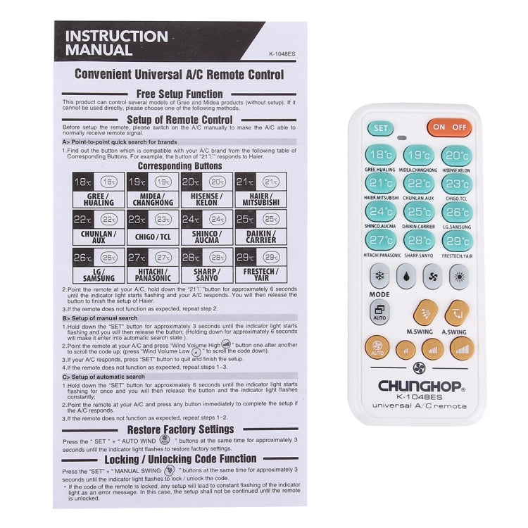 Mando a distancia universal para aire acondicionado CHUNGHOP K-1048ES, K-1048ES