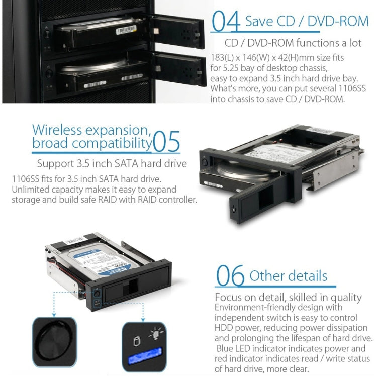 ORICO 1106SS CD-ROM Space HDD Mobile Rack interno recinto convertidor HDD de 3,5 pulgadas