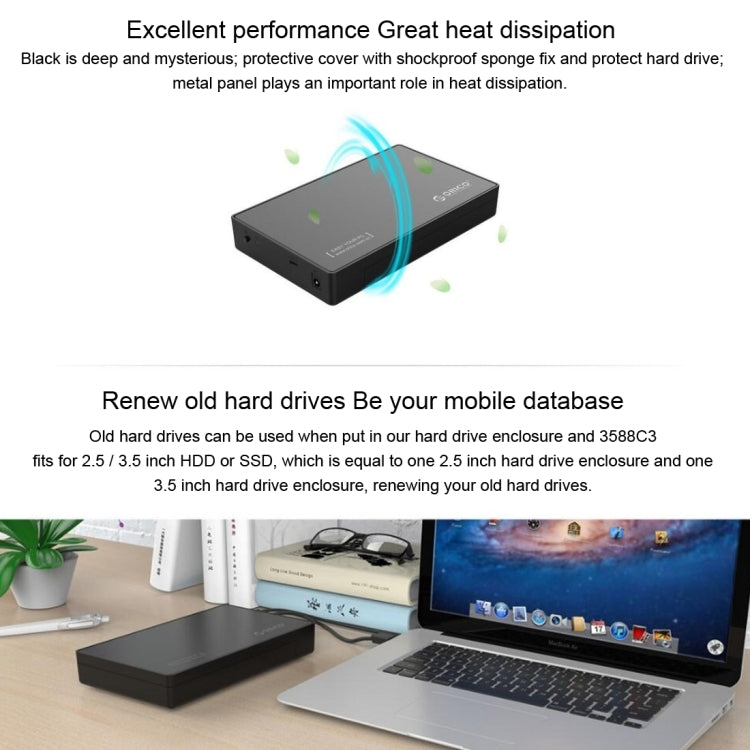 ORICO 3588C3 SATA 3.0 a USB-C / Type-C 2.5 / 3.5 pulgadas SSD / SATA HDD Caja de almacenamiento compatible con protocolo UASP, USB Type-C