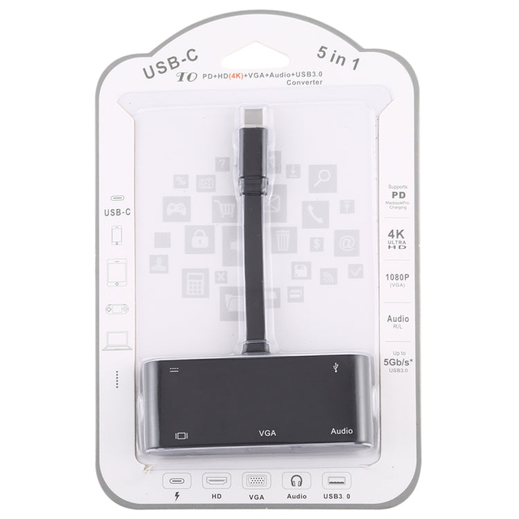 V126 UCB-C / Type-C Macho a PD + HDMI + VGA + Audio + USB 3.0 Hembra Convertidor 5 en 1, 5 in 1