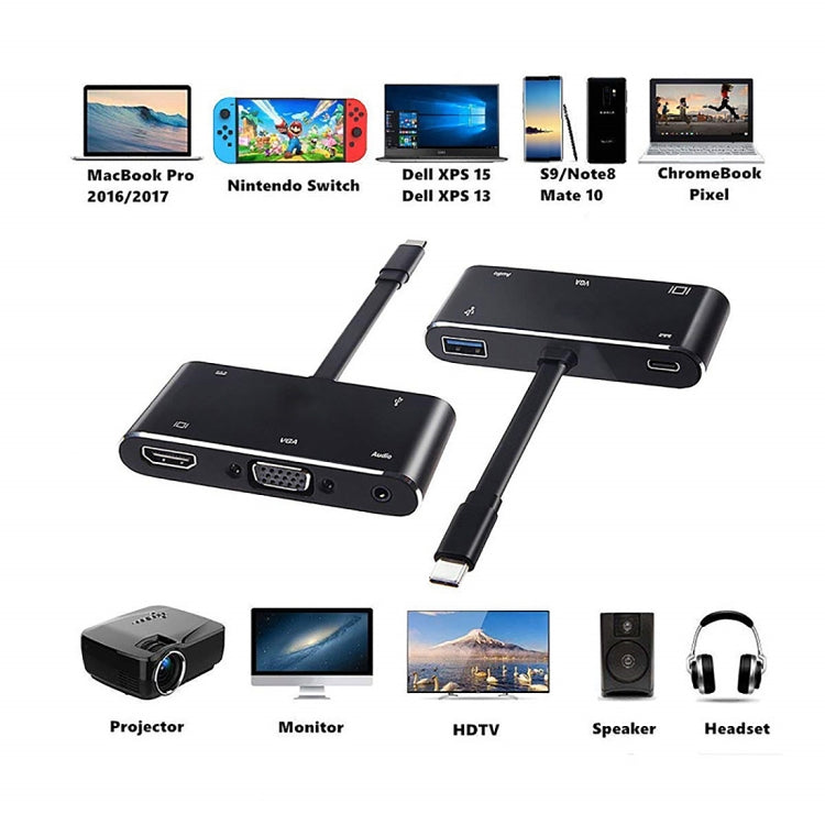 V126 UCB-C / Type-C Macho a PD + HDMI + VGA + Audio + USB 3.0 Hembra Convertidor 5 en 1, 5 in 1
