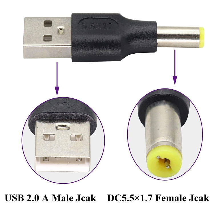 10 Uds. Conector de clavija de alimentación CC macho a USB 2,0 macho de 5,5x1,7mm, 5.5 x 1.7mm
