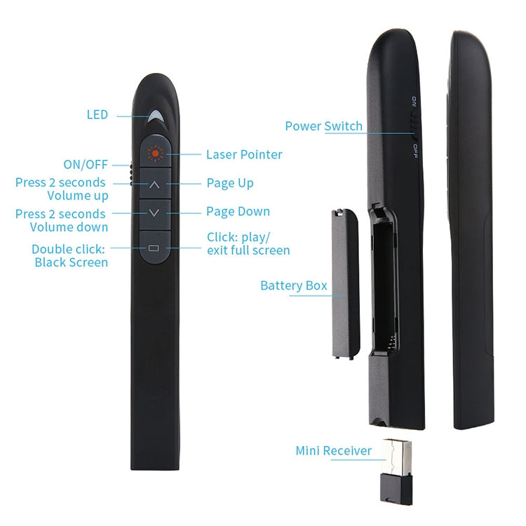 XM930 Bolígrafo láser inalámbrico de 2,4 GHz para pasar páginas de PowerPoint Bolígrafo de proyección de presentación inalámbrico multimedia con receptor USB, compatible con recordatorio de batería baja, distancia de control remoto: 100 m, 100m White  ...