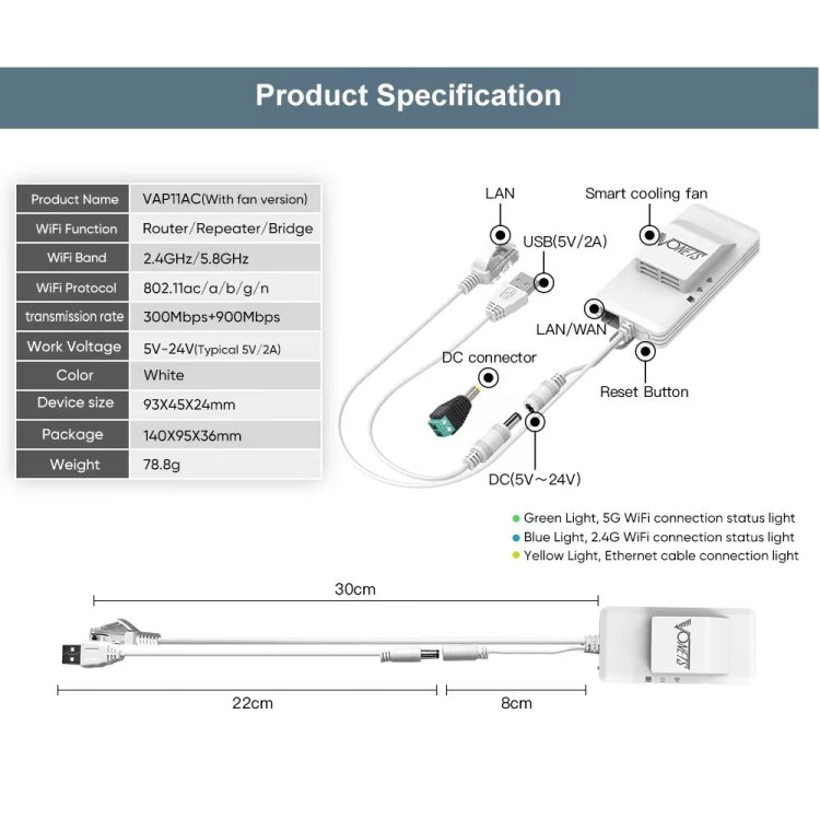VONETS VAP11AC 5G/2.4G Mini Puente Inalámbrico con Versión de Ventilador Repetidor WiFi 300Mbps + 900Mbps, Soporta Videovigilancia y Control, VAP11AC