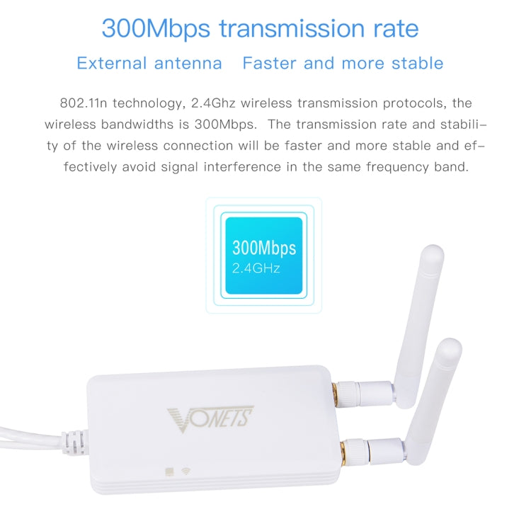 VONETS VAP11S 2.4G Mini Puente Inalámbrico 300Mbps Repetidor WiFi con 2 Antenas, VAP11S