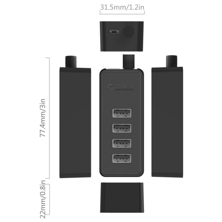 ORICO W5P-U2-100 HUB de escritorio USB 2.0 con fuente de alimentación de cable micro USB de 100 cm, W5P-U2-100 Black, W5P-U2-100 White