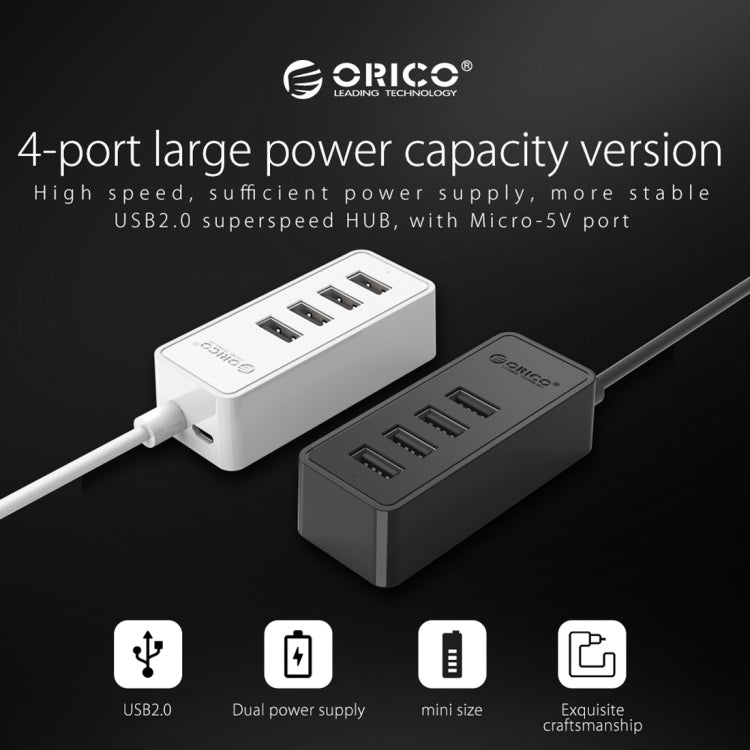 ORICO W5P-U2-100 HUB de escritorio USB 2.0 con fuente de alimentación de cable micro USB de 100 cm, W5P-U2-100 Black, W5P-U2-100 White