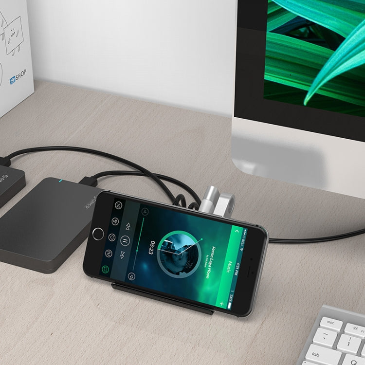 ORICO SHC-U3 HUB USB 3.0 de 4 puertos de escritorio de material ABS con soporte para teléfono/tableta y cable USB de 1 m e indicador LED, SHC-U3