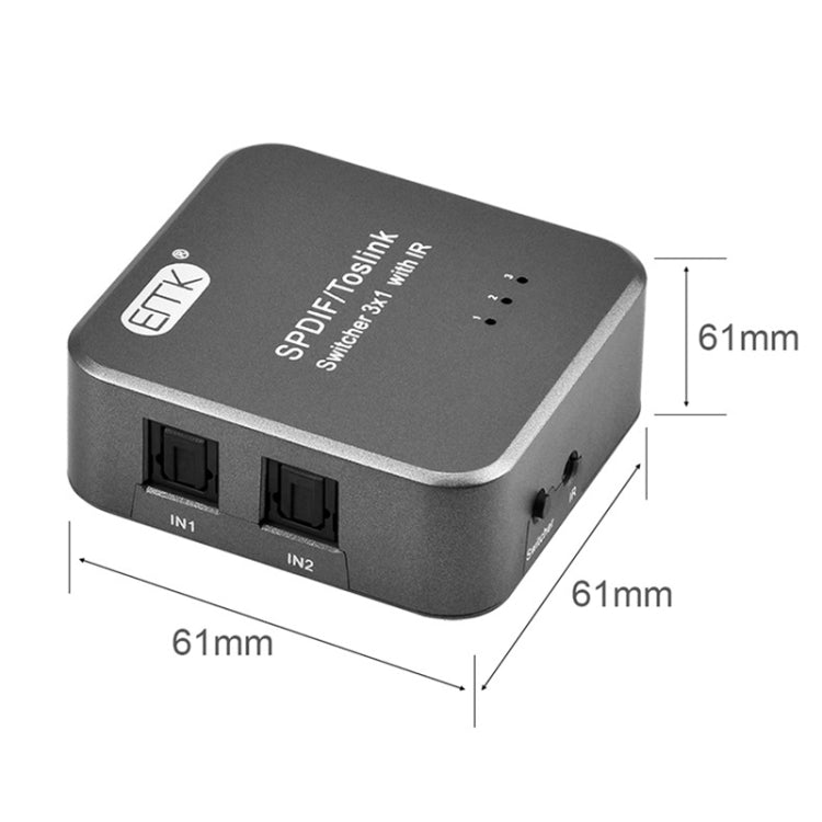 Conmutador 3x1 de audio óptico digital EMK SPDIF/TosLink con controlador IR