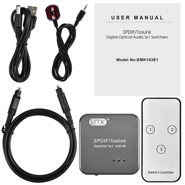 Conmutador 3x1 de audio óptico digital EMK SPDIF/TosLink con controlador IR