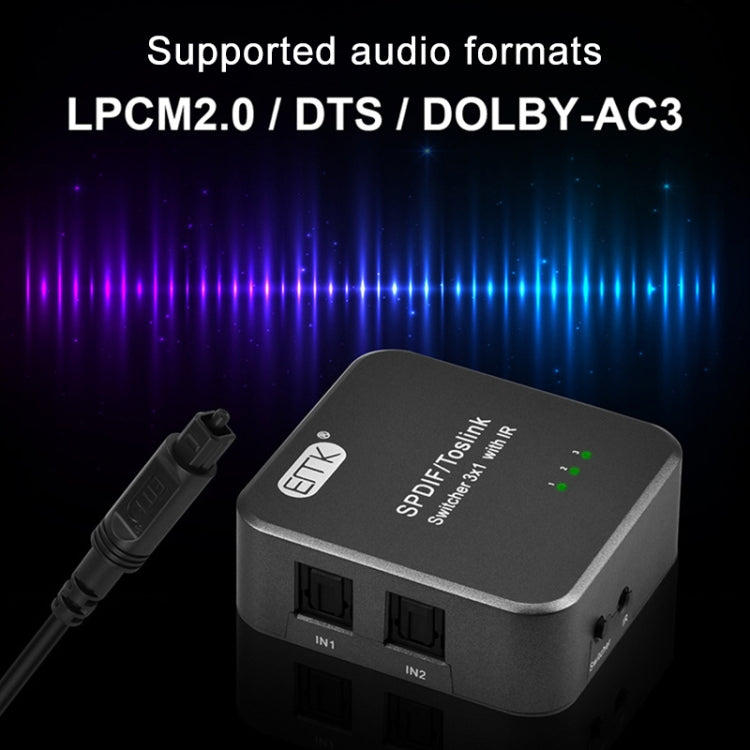 Conmutador 3x1 de audio óptico digital EMK SPDIF/TosLink con controlador IR