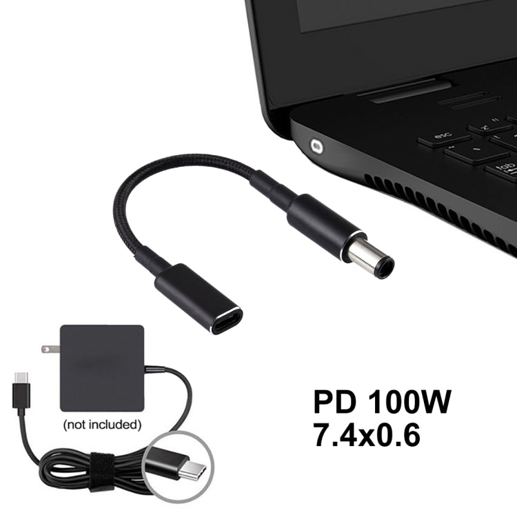 PD 100W 18,5-20V 7,4 x 0,6 mm a USB-C / Adaptador tipo C Cable trenzado de nailon para HP, 7.4 x 0.6mm