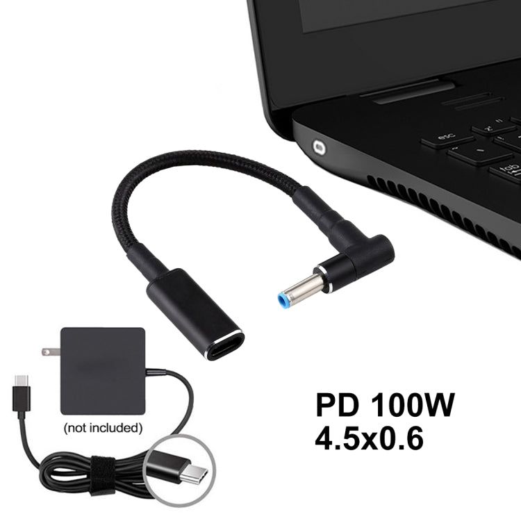 PD 100W 18,5-20V 4,5 x 0,6 mm Codo a USB-C / Adaptador tipo C Cable trenzado de nailon para HP, 4.5 x 0.6mm
